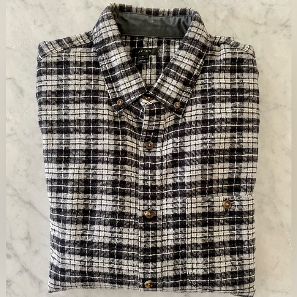 J.Crew Wool/Cotton Long Sleeve Shirt, Heather Grey Plaid, Size M